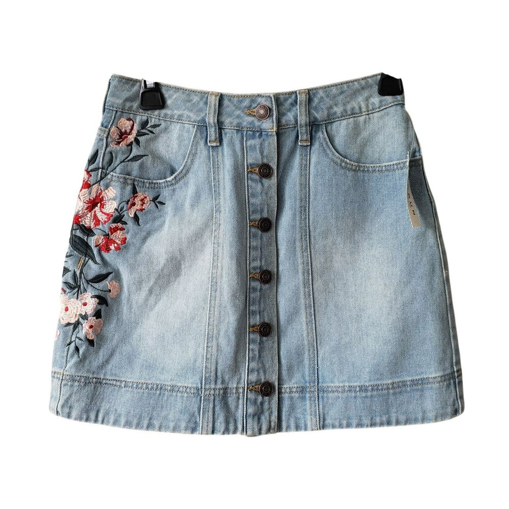 NEW Pacsun Floral Embroidered Blue Denim Skirt Miranda Coastal Cowgirl Girly